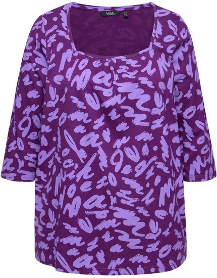 Ulla Popken Scribble Print Square Neck 3/4 Sleeve Tee Violet - Potlačené tričká pre ženy - 