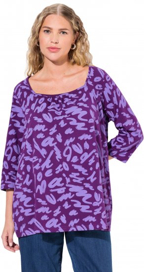 Ulla Popken Scribble Print Square Neck 3/4 Sleeve Tee Violet - Potlačené tričká pre ženy - 