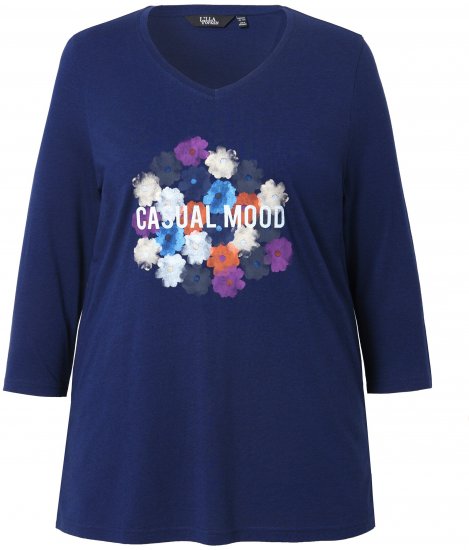 Ulla Popken Casual Mood Floral V-Neck Tee Navy - Tričká - 