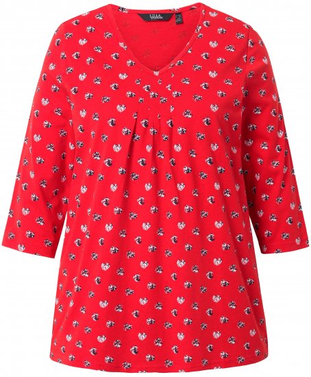 Ulla Popken Minimal Floral Print 3/4 Sleeve Tee Neon Red - Potlačené tričká pre ženy - 