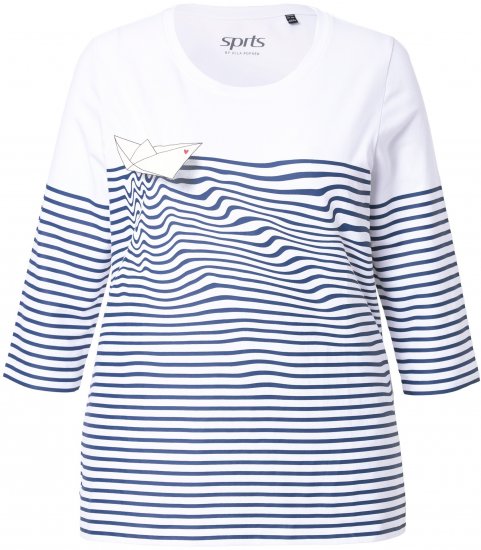 Ulla Popken Paper Boat Print 3/4 Sleeve Tee Snow White - Potlačené tričká pre ženy - 