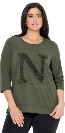 Ulla Popken Textured Lettering 3/4 Sleeve Tee Olive - Potlačené tričká pre ženy - 