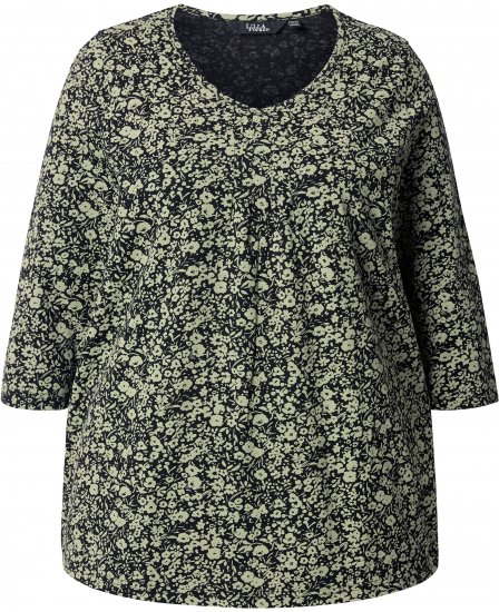 Ulla Popken Pleated Floral Print 3/4 Sleeve Tee Pond Green - Potlačené tričká pre ženy - 
