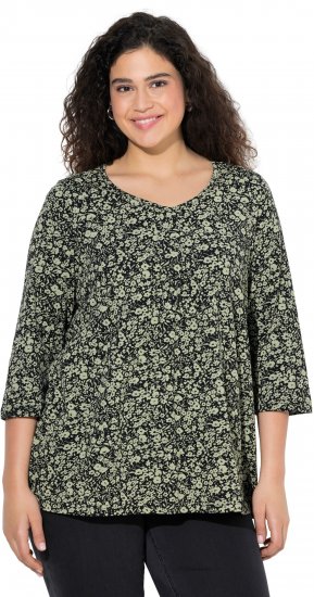 Ulla Popken Pleated Floral Print 3/4 Sleeve Tee Pond Green - Potlačené tričká pre ženy - 