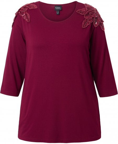 Ulla Popken Flower Epaulet 3/4 Sleeve Top Dark Cherry Red - Potlačené tričká pre ženy - 