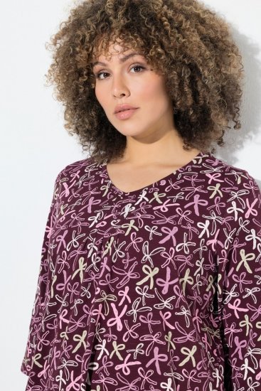 Ulla Popken Ribbon Print 3/4 Sleeve Asymmetric Tee Plum - Potlačené tričká pre ženy - Dámske tričká s potlačou