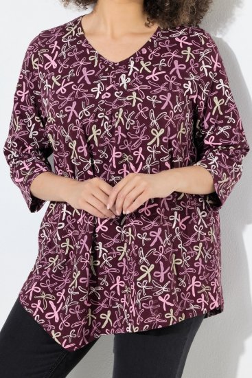 Ulla Popken Ribbon Print 3/4 Sleeve Asymmetric Tee Plum - Potlačené tričká pre ženy - Dámske tričká s potlačou