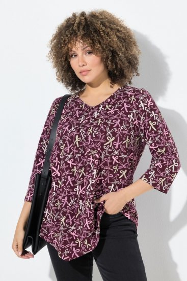 Ulla Popken Ribbon Print 3/4 Sleeve Asymmetric Tee Plum - Potlačené tričká pre ženy - Dámske tričká s potlačou