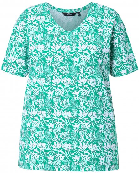 Ulla Popken Coral Reef Printed Short Sleeve V-Neck Tee Emerald - Potlačené tričká pre ženy - 
