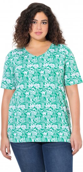Ulla Popken Coral Reef Printed Short Sleeve V-Neck Tee Emerald - Potlačené tričká pre ženy - 
