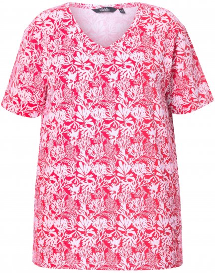 Ulla Popken Coral Reef Printed Short Sleeve V-Neck Tee Lychee - Potlačené tričká pre ženy - 