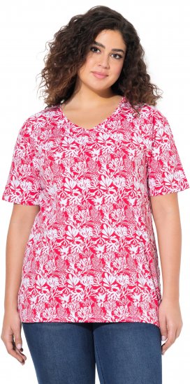 Ulla Popken Coral Reef Printed Short Sleeve V-Neck Tee Lychee - Potlačené tričká pre ženy - 