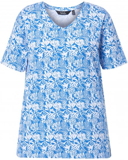 Ulla Popken Coral Reef Printed Short Sleeve V-Neck Tee Teal Blue - Potlačené tričká pre ženy - 