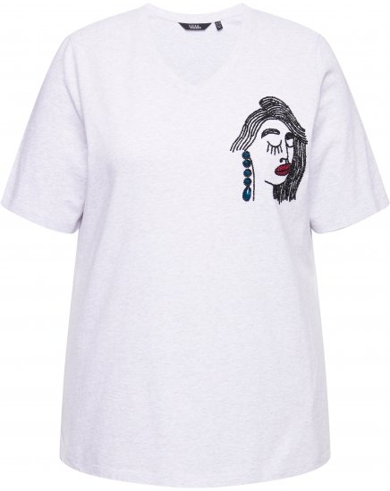Ulla Popken Embroidered Face Motif Short Sleeve V-Neck Tee Light Grey Melange - Potlačené tričká pre ženy - 