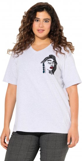Ulla Popken Embroidered Face Motif Short Sleeve V-Neck Tee Light Grey Melange - Potlačené tričká pre ženy - 