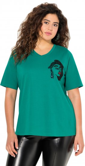 Ulla Popken Embroidered Face Motif Short Sleeve V-Neck Tee Emerald Green - Potlačené tričká pre ženy - 