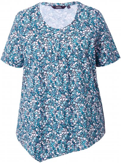 Ulla Popken Floral Pointed Hem Short Sleeve Tee Deep Aqua - Potlačené tričká pre ženy - 