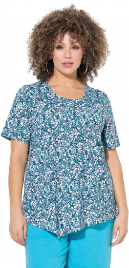 Ulla Popken Floral Pointed Hem Short Sleeve Tee Deep Aqua - Potlačené tričká pre ženy - 