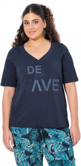 Ulla Popken Ride The Wave Short Sleeve V-Neck Graphic Tee Navy Blue - Potlačené tričká pre ženy - 