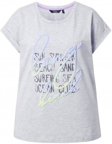 Ulla Popken Long Beach Lettering Cap Sleeve Tee Light Grey Melange - Potlačené tričká pre ženy - 