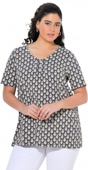 Ulla Popken Cactus Print Short Sleeve V-Neck Tee Graphite Grey - Potlačené tričká pre ženy - 