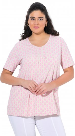Ulla Popken Cactus Print Short Sleeve V-Neck Tee Pink - Potlačené tričká pre ženy - 