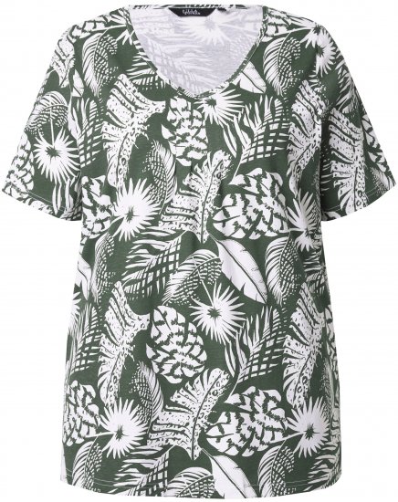 Ulla Popken Feather Print Short Sleeve V-Neck Tee Olive Grey - Potlačené tričká pre ženy - 