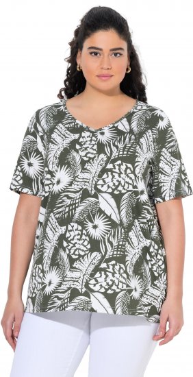 Ulla Popken Feather Print Short Sleeve V-Neck Tee Olive Grey - Potlačené tričká pre ženy - 