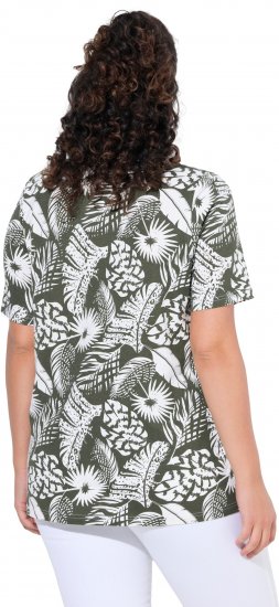 Ulla Popken Feather Print Short Sleeve V-Neck Tee Olive Grey - Potlačené tričká pre ženy - 
