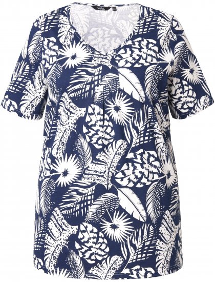 Ulla Popken Feather Print Short Sleeve V-Neck Tee Ink Blue - Potlačené tričká pre ženy - 