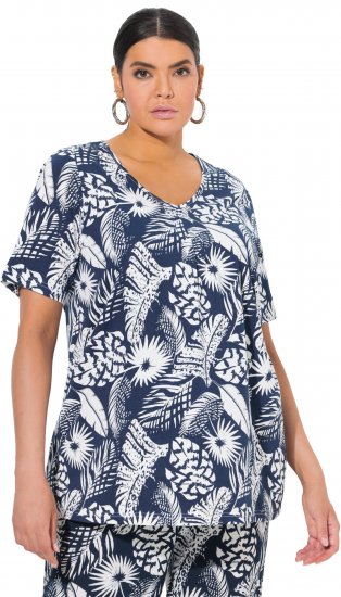 Ulla Popken Feather Print Short Sleeve V-Neck Tee Ink Blue - Potlačené tričká pre ženy - 