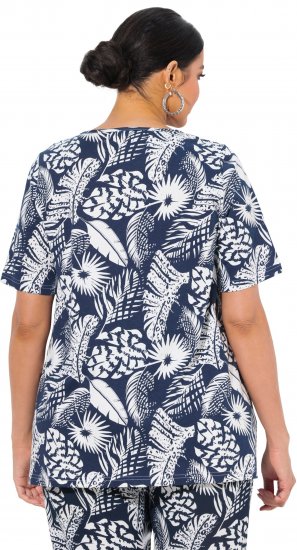 Ulla Popken Feather Print Short Sleeve V-Neck Tee Ink Blue - Potlačené tričká pre ženy - 