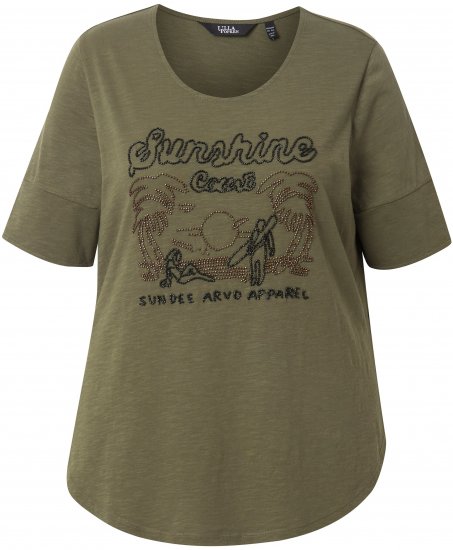 Ulla Popken Beaded Short Sleeve Graphic Tee Olive - Potlačené tričká pre ženy - 