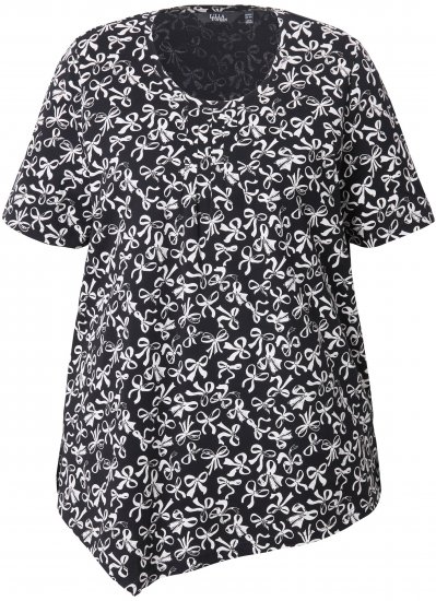 Ulla Popken Bow Print Short Sleeve Pointed Hem Tee Black - Potlačené tričká pre ženy - 