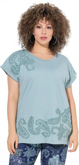 Ulla Popken Textured Paisley Motif Cap Sleeve Tee Light Moss Green - Potlačené tričká pre ženy - 