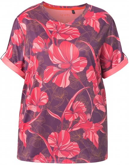 Ulla Popken Quick Drying Flower Print Short Sleeve Tee Dark Cherry - Potlačené tričká pre ženy - 