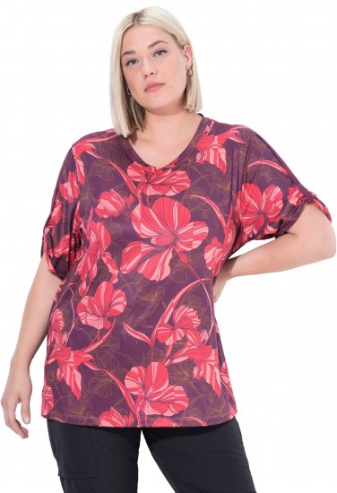 Ulla Popken Quick Drying Flower Print Short Sleeve Tee Dark Cherry - Potlačené tričká pre ženy - 