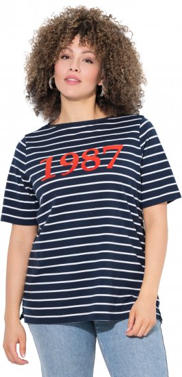 Ulla Popken Striped 1987 Boat Neck Tee Navy Blue - Potlačené tričká pre ženy - 