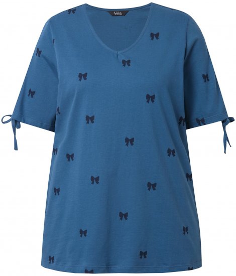 Ulla Popken Bow Print Split Sleeve Tee Indigo Denim - Potlačené tričká pre ženy - 