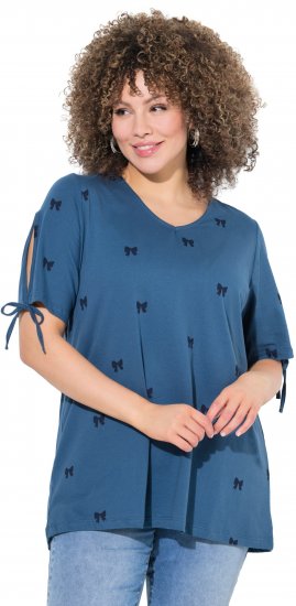 Ulla Popken Bow Print Split Sleeve Tee Indigo Denim - Potlačené tričká pre ženy - 
