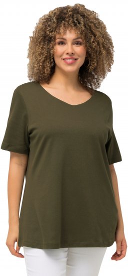 Ulla Popken Double Layer Rounded V-Neck Slim Fit Tee Forest Green - Tričká - 