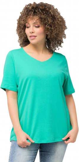 Ulla Popken Double Layer Rounded V-Neck Slim Fit Tee Turquioise Green - Tričká - 