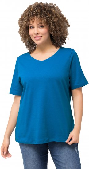 Ulla Popken Double Layer Rounded V-Neck Slim Fit Tee Medium Blue - Tričká - 