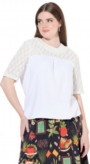 Ulla Popken Lace Yoke Short Sleeve T-Shirt Snow White - Tričká - 