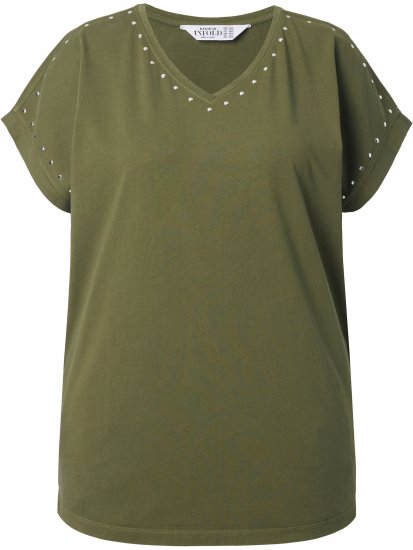 Ulla Popken Oversized studded Acid-washed V-Neck T-shirt Palm Green - Tričká - 