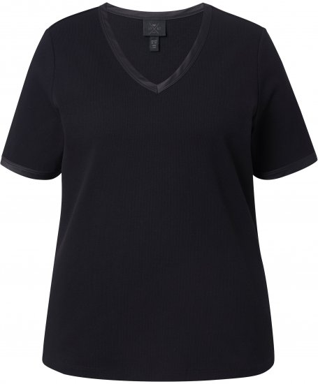 Ulla Popken Satin Trimmed Ribbed Jersey Short Sleeve T-Shirt Black - Tričká - 