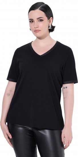 Ulla Popken Satin Trimmed Ribbed Jersey Short Sleeve T-Shirt Black - Tričká - 