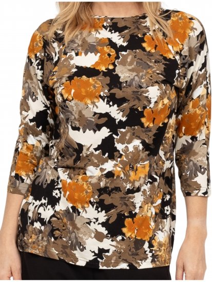 Scandinavian Caramel Flowers Blouse Orange and Brown - Potlačené tričká pre ženy - 