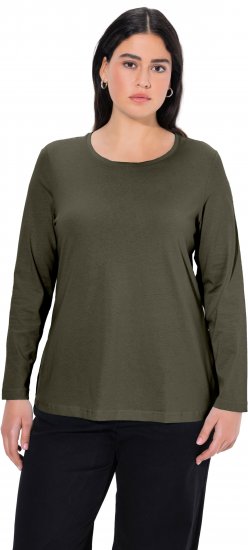 Ulla Popken Basic Round Neck Long Sleeve Slim Fit Cotton Tee Olive - Tričká - 
