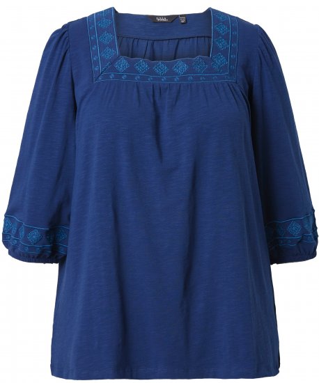 Ulla Popken Embroidered Detail 3/4 Sleeve Tee Dark Blue - Potlačené tričká pre ženy - 